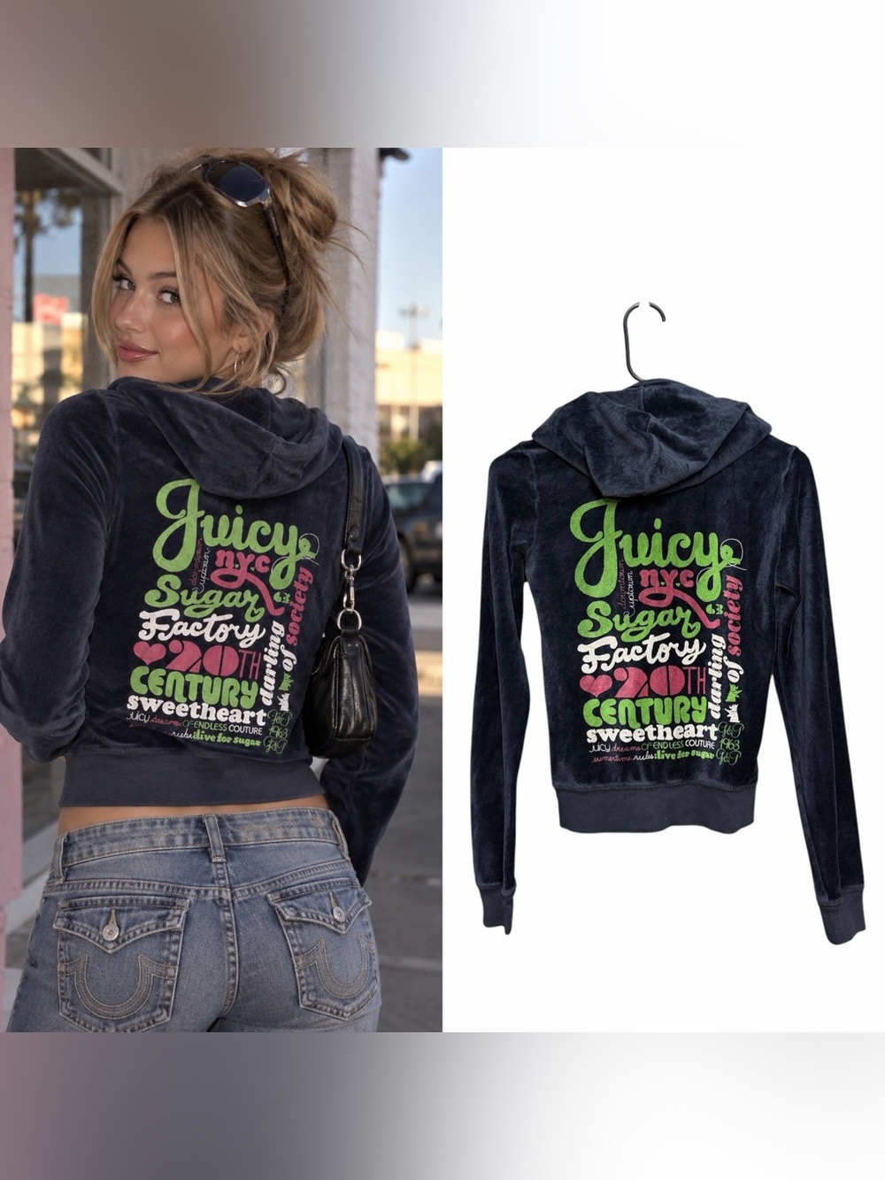 RARE Juicy Couture Navy Y2K Zip Up Hoodie Size Small